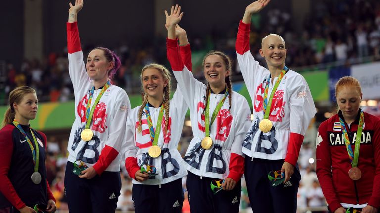 Elinor Barker (centre right) celebrates winning gold in Rio de Janeiro four-and-a-half years ago