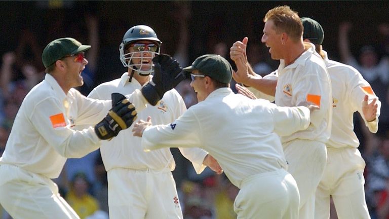 PA Images - Australia celebrate the wicket of Alec Stewart during the 2002/03 Ashes