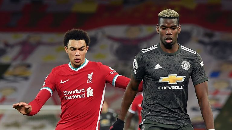 PA - Liverpool's Trent Alexander-Arnold (left) and Manchester United's Paul Pogba