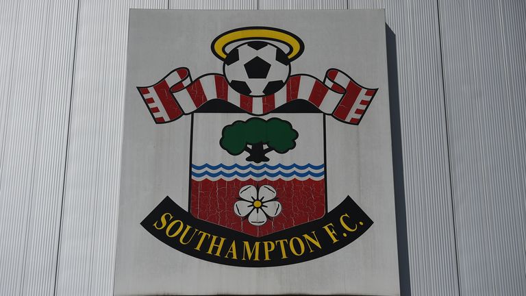 General view of the Southampton club badge on the side of St Mary's stadium