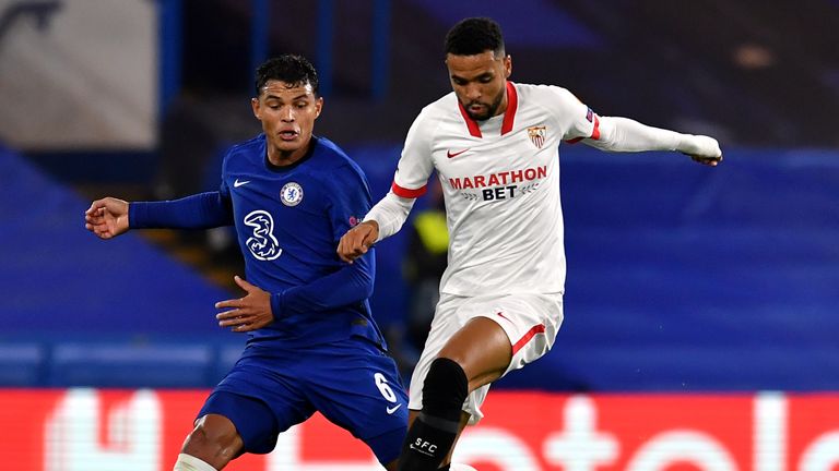 PA - Sevilla's Youssef En-Nesyri (right) and Chelsea's Thiago Silva during a Champions League match at Stamford Bridge