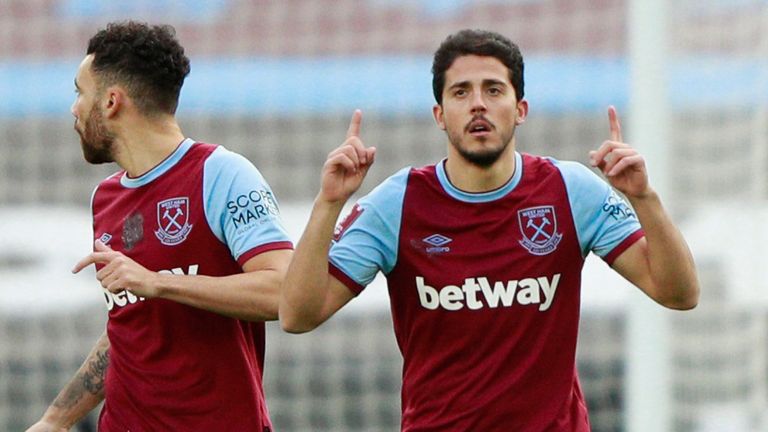 West Ham's Pablo Fornals, right, celebrates after scoring against Doncaster in the FA Cup
