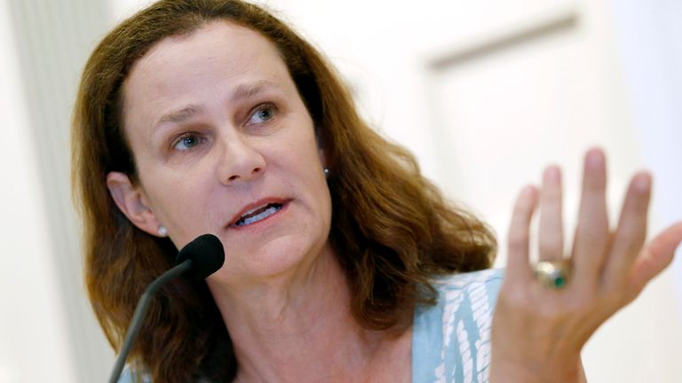 Pam Shriver speaks during a news conference introducing the 2015 inductees to the International Tennis Hall of Fame in Newport, R.I., Saturday, July 18, 2015. (AP Photo/Michael Dwyer)