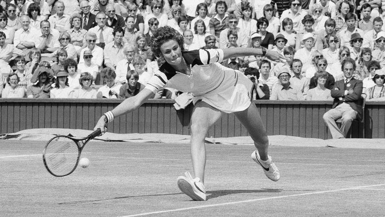 Pam Shriver of the U.S. runs across Wimbledon's Centre Court, June 29, 1981 to reach a shot from Tracy Austin, during their Ladies' Singles, quarter-final match. Shriver went on to score a surprise 7-5, 6-4, over Austin and will meet Chris Evert Lloyd in the semi-finals of the tournament. (AP Photo/Robert Dear)