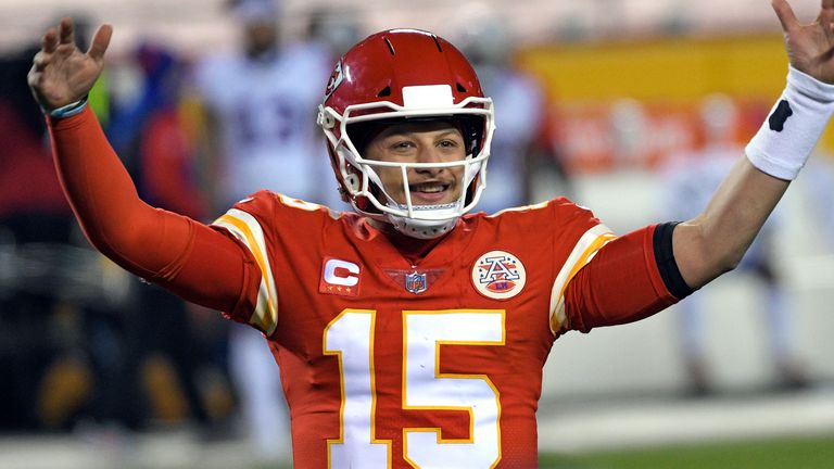 Kansas City Chiefs quarterback Patrick Mahomes celebrates at the end of the AFC championship NFL football game against the Buffalo Bills, Sunday, Jan. 24, 2021, in Kansas City, Mo. The Chiefs won 38-24. (AP Photo/Reed Hoffmann)