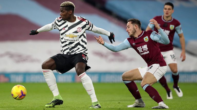 Manchester United&#39;s Paul Pogba in Premier League action at Turf Moor