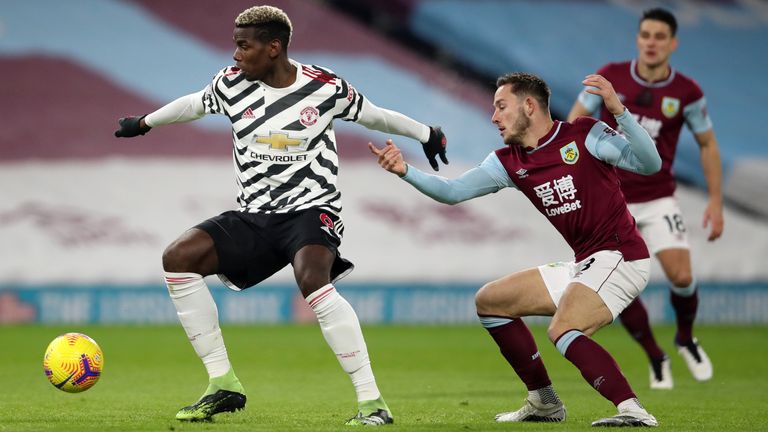 Manchester United's Paul Pogba in Premier League action at Turf Moor