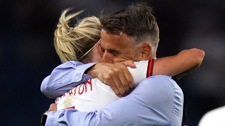 Phil Neville embraces Steph Houghton after England's World Cup quarter-final victory