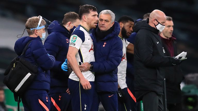 Pierre-Emile Hojbjerg is held back by Jose Mourinho after Josh Dasilva's challenge