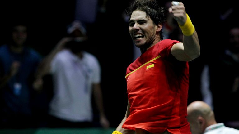 Denis Shapovalov the Canada national team vs Rafael Nadal (picture) of the Spain national team, Davis Cup of tennis held at the Magic Box in Madrid. Final round Photo by: Juan Carlos Rojas/picture-alliance/dpa/AP Images