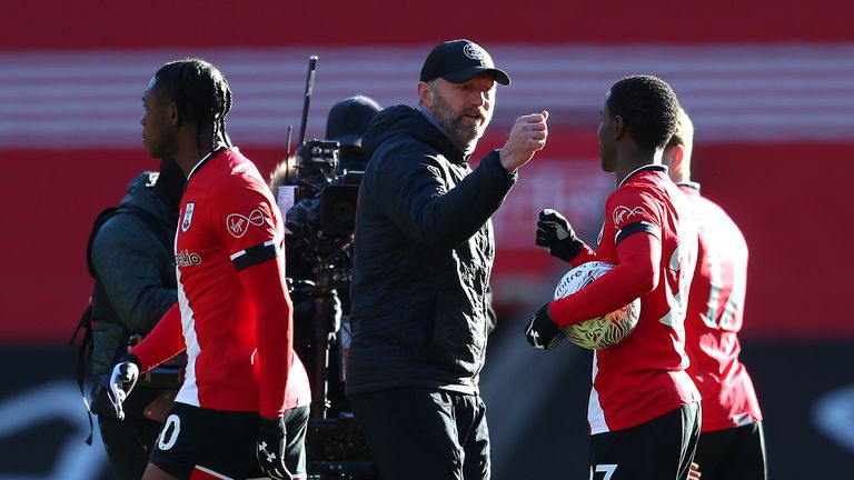 Southampton manager Ralph Hasenhuttl (left) and Ibrahima Diallo celebrate after the final whistle during the Emirates FA Cup fourth round match at St. Mary's Stadium, Southampton. Picture date: Saturday January 23, 2021.