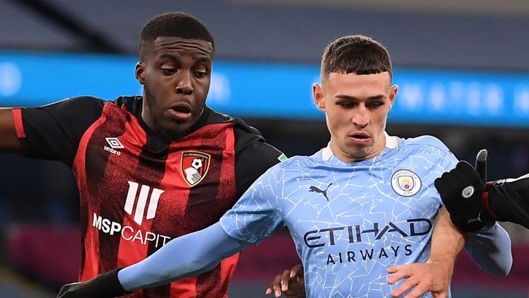Nnamdi Ofoborh (left) featured for Bournemouth in their 2-1  Carabao Cup defeat at Manchester City