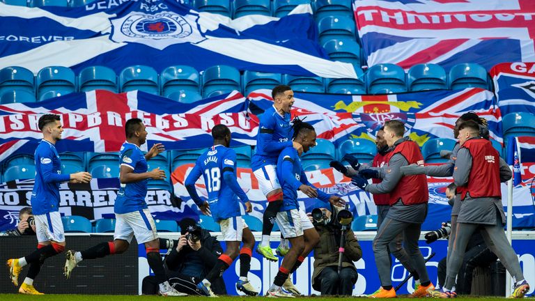 GLASGOW, SCOTLAND - JANUARY 02: Rangers players celebrate after Callum McGregor's own goal makes it 1-0 during a Scottish Premiership match between Rangers and Celtic at Ibrox Stadium, on January 02, 2021, in Glasgow, Scotland (Photo by Craig Williamson / SNS Group)