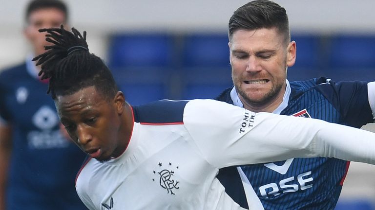DINGWALL, SCOTLAND - DECEMBER 06: Rangers' Joe Aribo competes with Iain Vigurs during the Scottish Premiership match between Ross County and Rangers at the Global Energy Stadium on December 06, 2020, in Dingwall, Scotland. (Photo by Craig Foy / SNS Group)