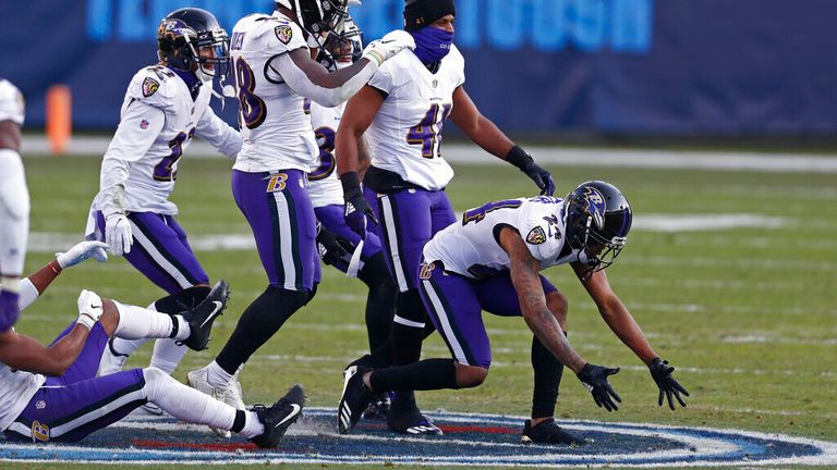 AP- Baltimore Ravens cornerback Marcus Peters (24) and teammates dance on the Tennessee Titans&#39; logo at the 50-yard line after Peters intercepted a pass late in the fourth quarter of an NFL wild-card playoff football game