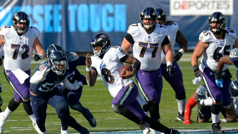 AP - Baltimore Ravens quarterback Lamar Jackson (8) runs 48 yards for a touchdown against the Tennessee Titans 