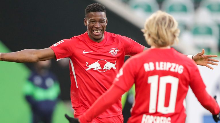 Nordi Mukiele celebrates his goal for RB Leipzig but Wolfsburg fought back