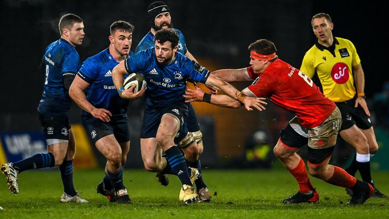 23 January 2021; Robbie Henshaw of Leinster is tackled by CJ Stander of Munster during the Guinness PRO14 match between Munster and Leinster at Thomond Park in Limerick. Photo by Ramsey Cardy/Sportsfile