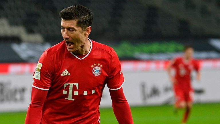 Robert Lewandowski celebrates scoring for Bayern Munich