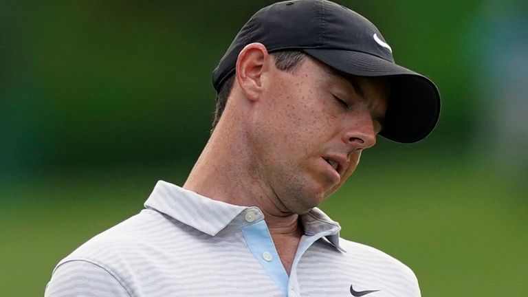 Rory McIlroy, of Northern Ireland, reacts after missing a putt on the seventh hole during the first round of the Masters golf tournament Thursday, Nov. 12, 2020, in Augusta, Ga. (AP Photo/David J. Phillip)