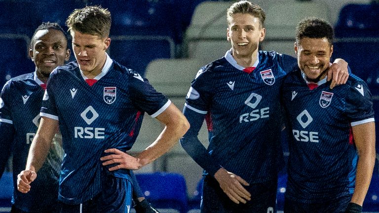 Oli Shaw celebrates with Jermain Hylton after scoring to make it 1-0 Ross County during a Scottish Premiership match between Ross County and Motherwell at The Global Energy Arena