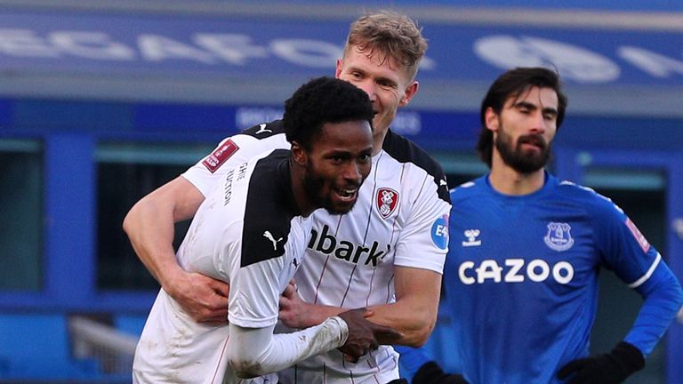 Matthew Olosunde celebrates after equalising at Goodison Park