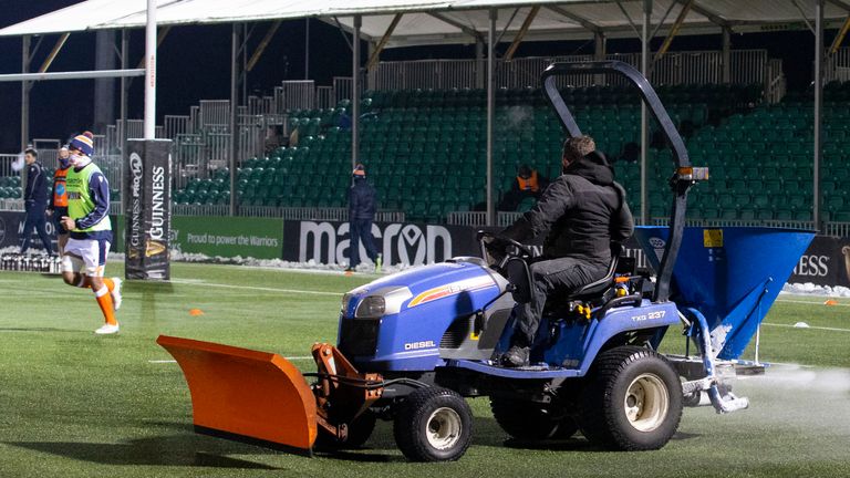 Gritters are needed on the pitch before the Guinness Pro 14  match between Glasgow Warriors and Edinburgh