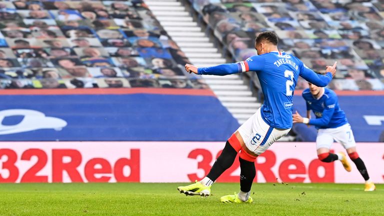 James Tavernier misses a first half penalty at Ibrox against Ross County