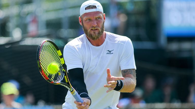 Sam Groth (Australia) during his third round match in the Dell Technologies Hall of Fame Tennis Championships on July 19, 2017 at the International Tennis Hall of Fame & Museum in Newport, Rhode Island