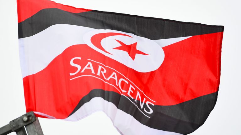 19/01/19 HEINEKEN CHAMPIONS CUP.SARACENS v GLASGOW WARRIORS.ALLIANZ PARK - LONDON.A Saracens Flag blowing pre-match