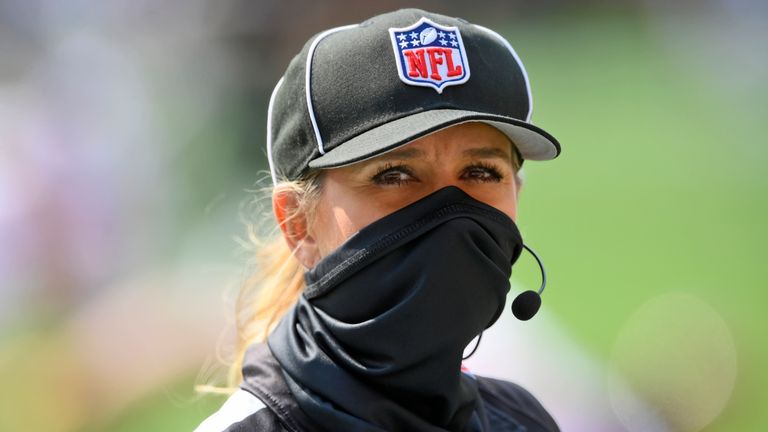 Down judge Sarah Thomas before an NFL football game between the Cleveland Browns and the Washington Football Team