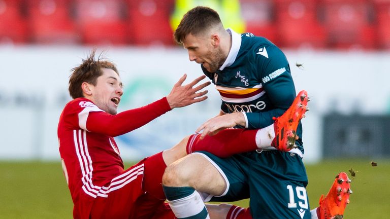 Aberdeen's Scott Wright is challenged by Motherwell's Liam Polworth