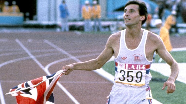 Great Britain's Sebastian Coe flies the Union Jack as he takes a victory lap after winning the 1500-meter finals on Saturday, August 11,1984 at the Los Angeles Memorial Coliseum, United States. Coe becomes the first Olympian to repeat as champion in the men's 1500-meter since 1968. (AP Photo/Rusty Kennedy)