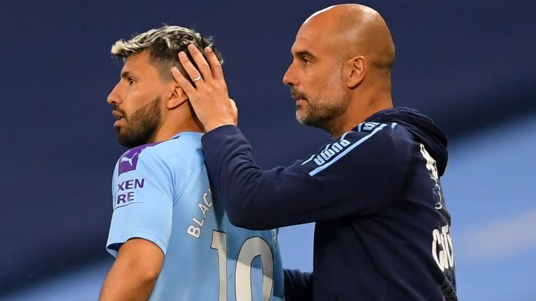 Manchester City's Sergio Aguero is subbed on by Manchester City manager Pep Guardiola during the Premier League match at the Etihad Stadium, Manchester. PA Photo. Issue date: Wednesday June 17, 2020. 