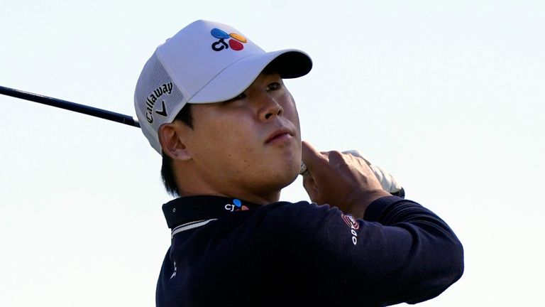 Si Woo Kim hits from the third tee during the final round of The American Express golf tournament on the Pete Dye Stadium Course at PGA West Sunday, Jan. 24, 2021, in La Quinta, Calif. (AP Photo/Marcio Jose Sanchez)