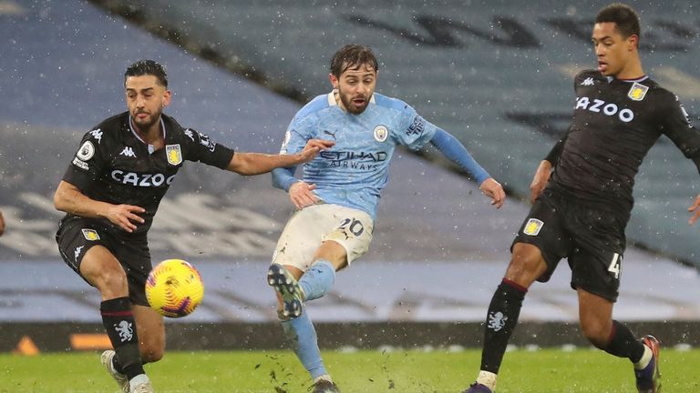 Manchester City's Bernardo Silva, second right, scores his side's opening goal during the English Premier League soccer match between Manchester City and Aston Villa at the Etihad Stadium in Manchester, England, Wednesday, Jan.20, 2021. (Martin Rickett/Pool via AP)
