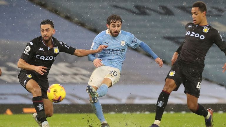 Bernardo Silva aus Manchester City erzielte das erste Tor für sein Team während des Premier League-Fußballspiels zwischen Manchester City und Aston Villa im Etihad Stadium in Manchester, England, am Mittwoch, dem 20. Januar 2021.  (Martin Reckitt / Paul über AP)