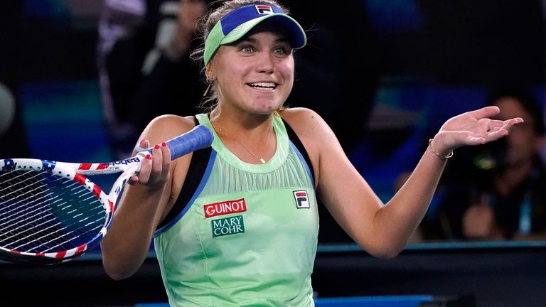 Sofia Kenin of the U.S. celebrates after defeating Spain's Garbine Muguruza in the women's singles final at the Australian Open tennis championship in Melbourne, Australia, Saturday, Feb. 1, 2020.