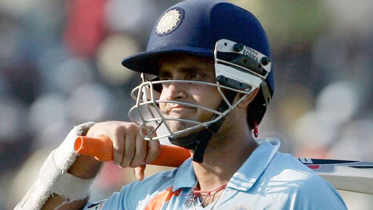 India's Sourav Ganguly leaves the ground after his dismissal by Pakistan's Kamran Akmal during the first one day international cricket match in Gauhati, India, Monday Nov. 5, 2007