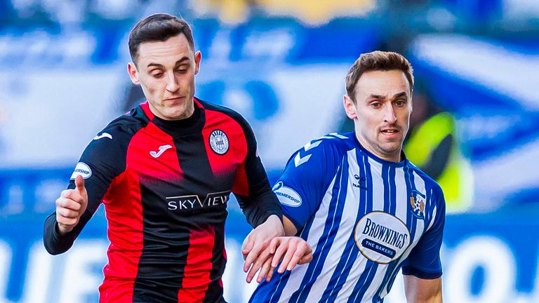 St Mirren's Dylan Connolly and Kilmarnock's Brandon Haunstrup in action