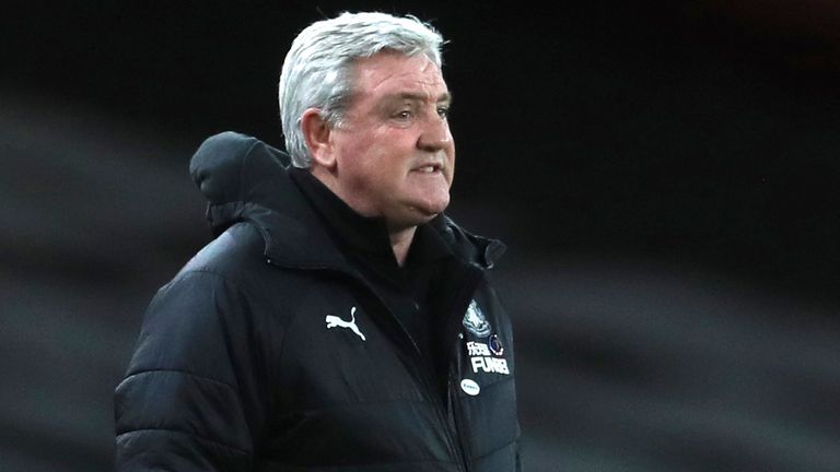 Newcastle head coach Steve Bruce during the English Premier League soccer match between Arsenal and Newcastle United at Emirates Stadium in London, England, Monday, Jan.18, 2021. (Adam Davy/Pool via AP)