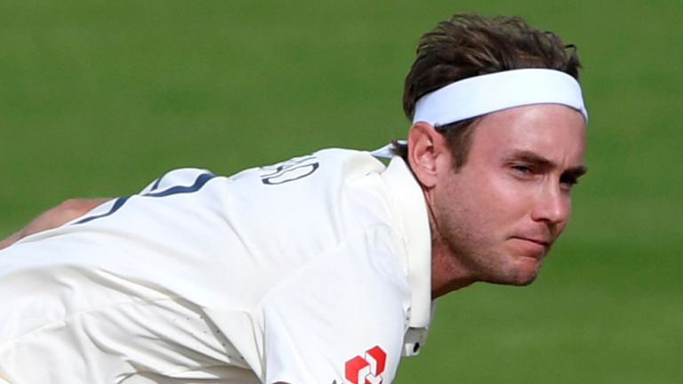 England's Stuart Broad bowls during the third day of the third cricket Test match between England and Pakistan, at the Ageas Bowl in Southampton, England, Sunday, Aug. 23, 2020. (Mike Hewitt/Pool via AP)