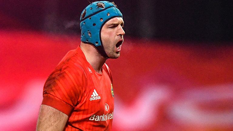 23 January 2021; Tadhg Beirne of Munster celebrates winning a penalty during the Guinness PRO14 match between Munster and Leinster at Thomond Park in Limerick. Photo by E..in Noonan/Sportsfile