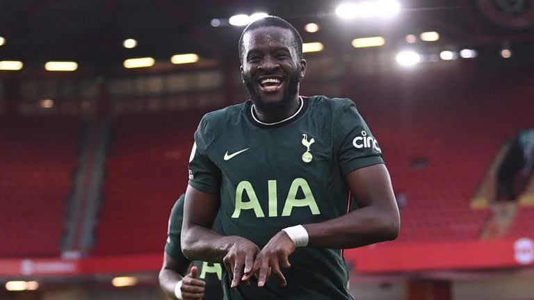 Tottenham Hotspur's Tanguy Ndombele celebrates scoring their third (AP)