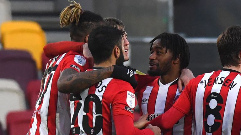 Brentford's Tariqe Fosu celebrates scoring against Wycombe