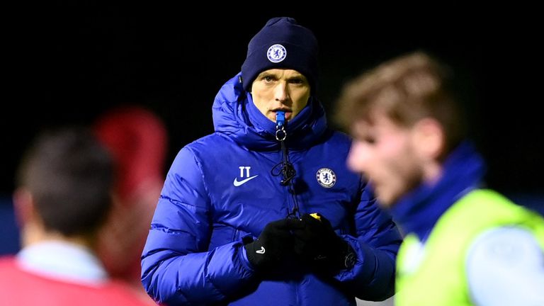 Thomas Tuchel during a training session at Cobham