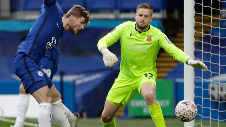 Timo Werner scores Chelsea's second goal against Morecambe  - AP Photo/Matt Dunham