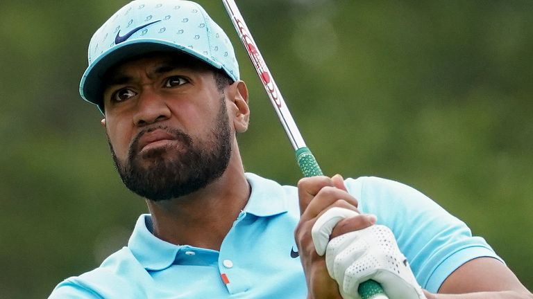 Tony Finau, of the United States, plays his shot from the third tee during the second round of the US Open Golf Championship, Friday, Sept. 18, 2020, in Mamaroneck, N.Y. (AP Photo/John Minchillo) 