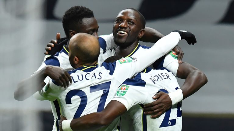 Moussa Sissoko celebrates putting Spurs ahead in the Carabao Cup semi-final