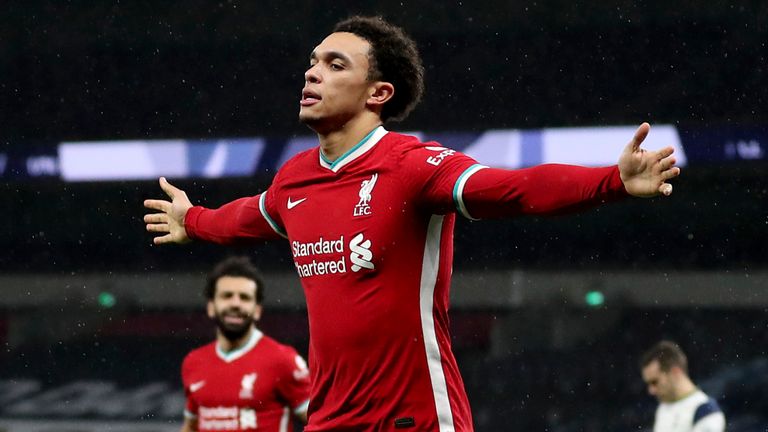 Liverpool's Trent Alexander-Arnold celebrates scoring against Tottenham